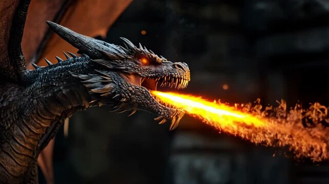 realistic dragon spitting hot fire flame over dark background