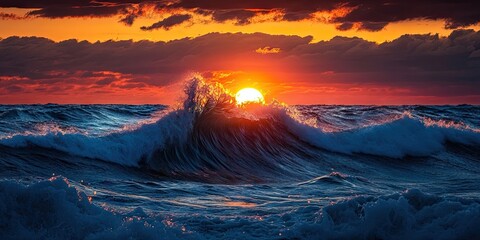 Sunset waves crashing energetically in vibrant oranges and blues with dramatic clouds above and the sun partially submerged on the horizon.