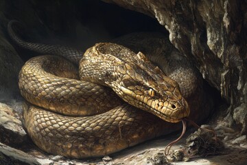 Obraz premium Large reptile rests in dark rock cave.