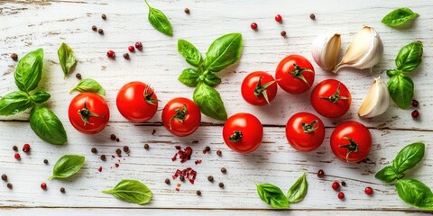 Vibrant red cherry tomatoes and fresh basil leaves with garlic cloves and assorted spices on a rustic white wooden surface viewed from above
