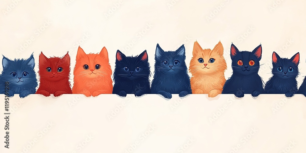 Poster Collection of cute colorful cartoon cats sitting in a row with distinct features and expressions