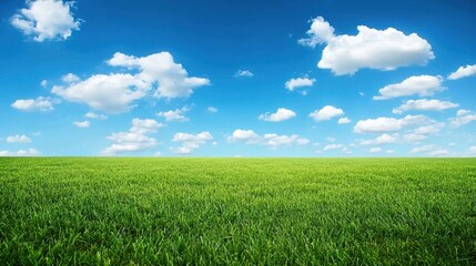 Obraz premium Green grass and blue sky with clouds Nature background