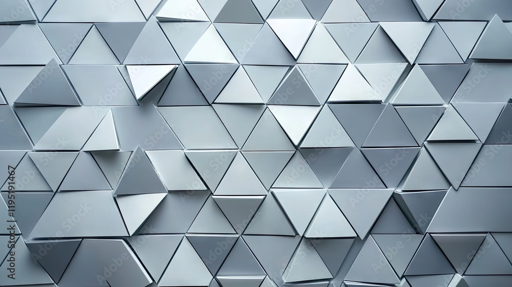 Poster abstract triangular mosaic pattern with light blue and gray tones, creating a serene and modern back