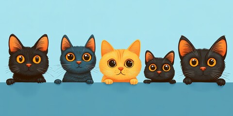 Fototapeta premium Brightly colored cartoon cats lined up in a playful arrangement on a light blue background