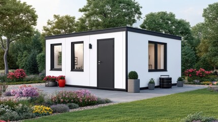 A sleek white modular home with black accents, set amidst a vibrant garden with colorful flowers and greenery.