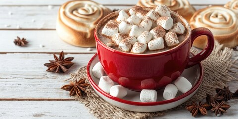 Fototapeta premium Festive red cup filled with hot chocolate topped with marshmallows placed on rustic white wooden surface surrounded by cinnamon rolls and star anise