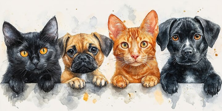 Colorful illustration of four adorable pets looking over a wall in a charming display of friendship and curiosity