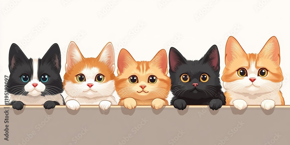 Poster five adorable cats of different breeds and colors peeking over a surface with curious expressions in