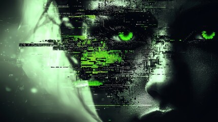 Futuristic cyberpunk portrait of a woman with neon green glitch effects, fragmented digital aesthetic, and flowing data overlays