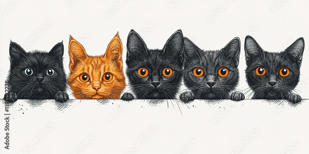 Poster group of curious cats displaying various colors and expressions lined up on a surface, showcasing th