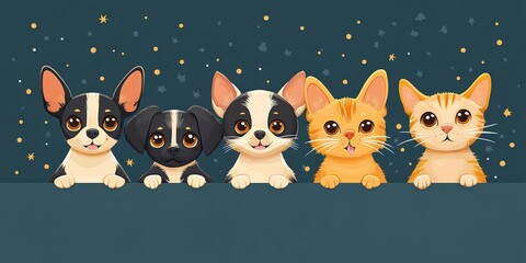 Naklejka premium Five adorable cartoon pets are looking curiously with stars in the background at nighttime