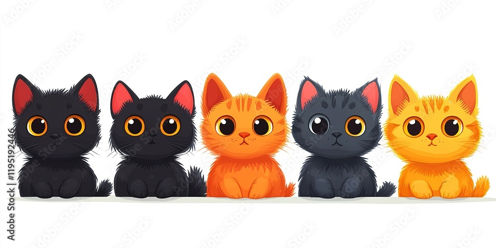 Poster cute kittens in a row showcasing playful expressions and vibrant fur colors in a cheerful setting