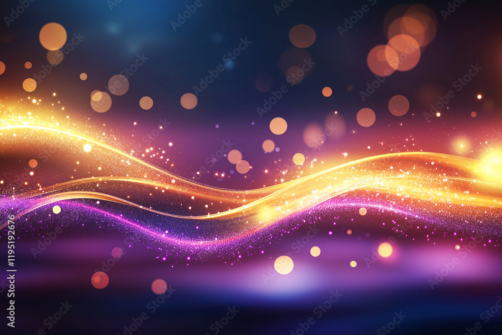 Poster glowing neon light background with bokeh effects in vibrant colors. dynamic waves of purple and gold