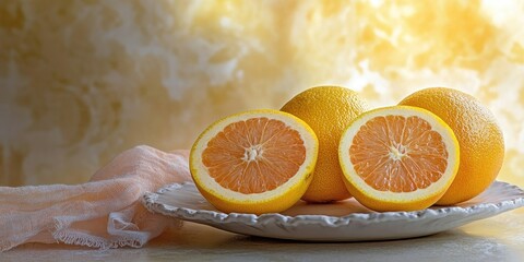 Vibrant yellow grapefruits on a decorative plate with sliced halves showcasing juicy interior against a soft golden backdrop.