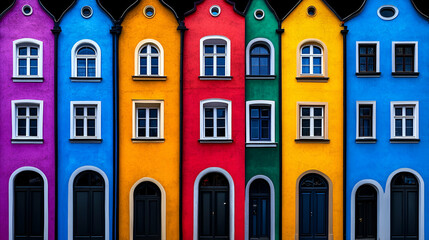 Naklejka premium Vibrant, colorful buildings with a mix of architectural styles, featuring bright hues and distinctive windows, creating a cheerful urban landscape.
