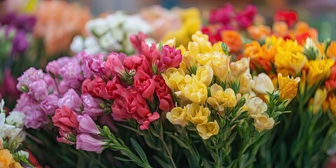 Obraz premium Colorful freesia flower bouquet featuring shades of pink, yellow, orange, and white set against a blurred background with greenery.