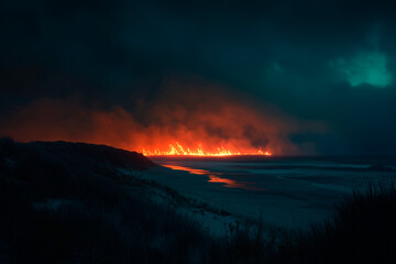 A hyperrealistic photo of the Japanese coastline during sunset, with the ruins of homes and debris silhouetted against the glowing horizon