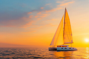 Fototapeta premium Sailing catamaran yacht gliding through open sea at sunset, creating serene and picturesque scene. vibrant colors of sky reflect on water, enhancing beauty of moment