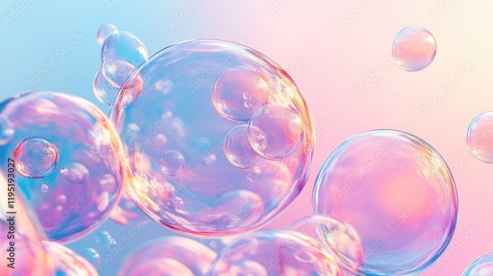 Poster artistic composition of floating soap bubbles on a colorful pink and blue gradient background, creat