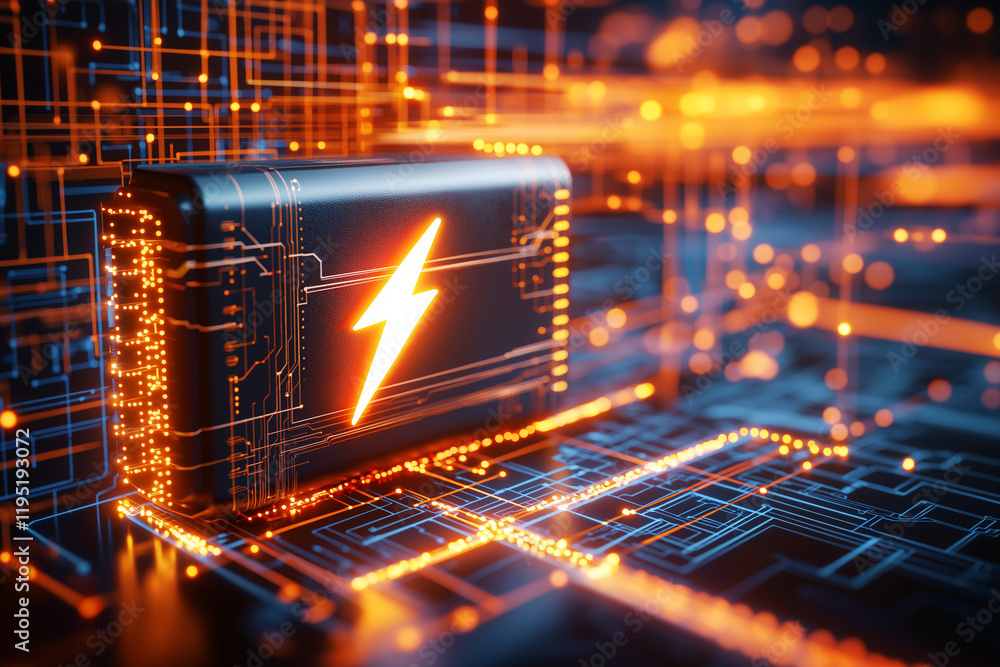 Poster sleek battery with glowing lightning bolt symbol, surrounded by network of glowing circuits, represe