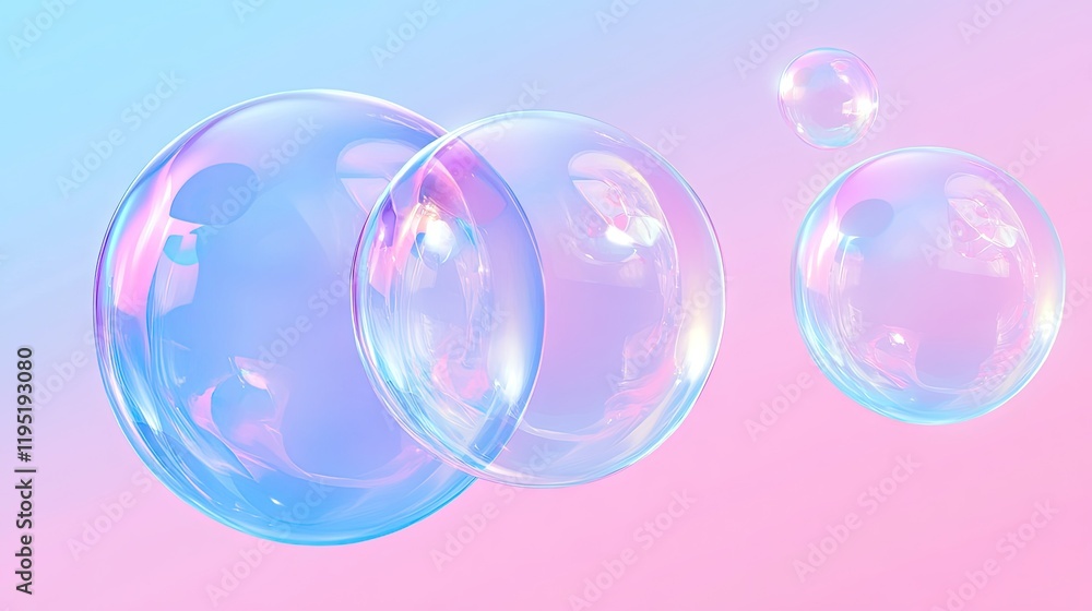 Poster artistic composition of floating soap bubbles on a colorful pink and blue gradient background, creat