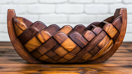 Obraz premium A beautifully crafted wooden bowl with intricate weaving, showcasing natural wood tones and elegant design, perfect for home decor or functional use.