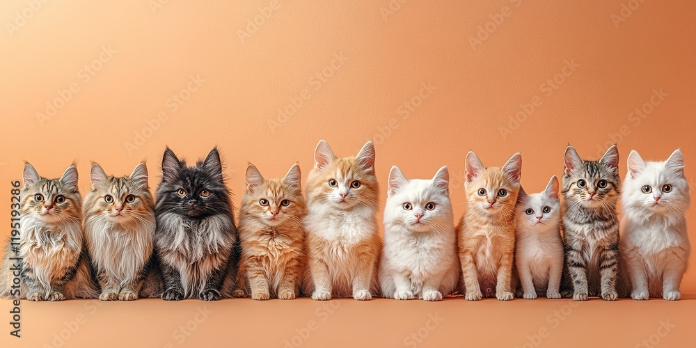 Poster cuddle parade features a row of adorable kittens showcasing different breeds and colors against a wa