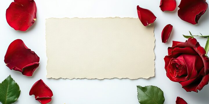 Flat lay of vibrant red rose petals and a full rose surrounding a blank torn craft paper on a clean white background ideal for Valentine's Day themes