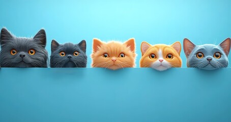 Fototapeta premium Five adorable cats peeking over a blue wall with curious expressions in a cozy indoor setting