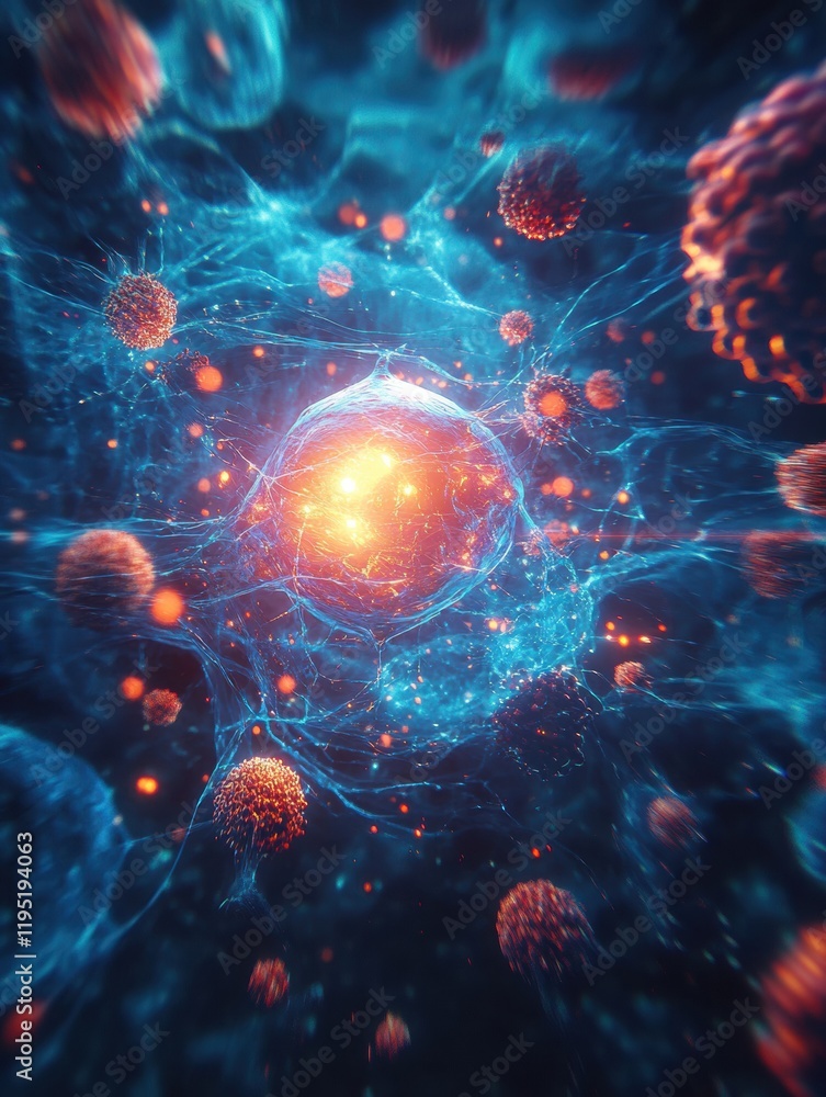 Poster glowing cell in a vibrant environment surrounded by numerous menacing viruses. generative ai