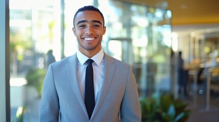 Fototapeta premium Smiling young professional in office environment with natural light