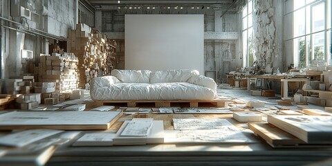 Cozy minimalist workspace filled with stacks of art materials and a comfortable couch in bright, airy setting