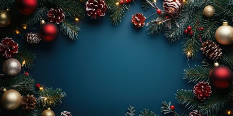 Elegant Christmas background with dark teal center adorned with red, gold, and silver ornaments, pinecones, and greenery accents framing edges.