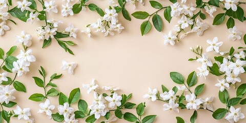 Elegant flat lay of white jasmine flowers and greenery on a soft beige background, creating a serene frame for memorial service postcards.