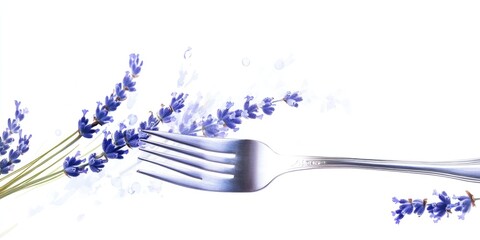 Silver fork positioned on the right with a cluster of blue lavender on the left against a white background creating an elegant and clean design.