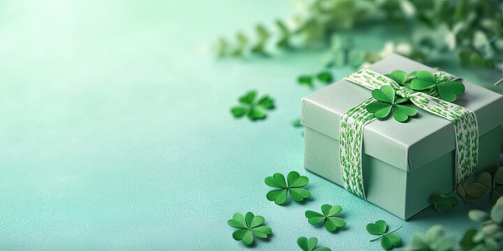 Pastel green background featuring a gift box wrapped in green clover leaves surrounded by shamrock leaves creating a festive St Patricks Day theme