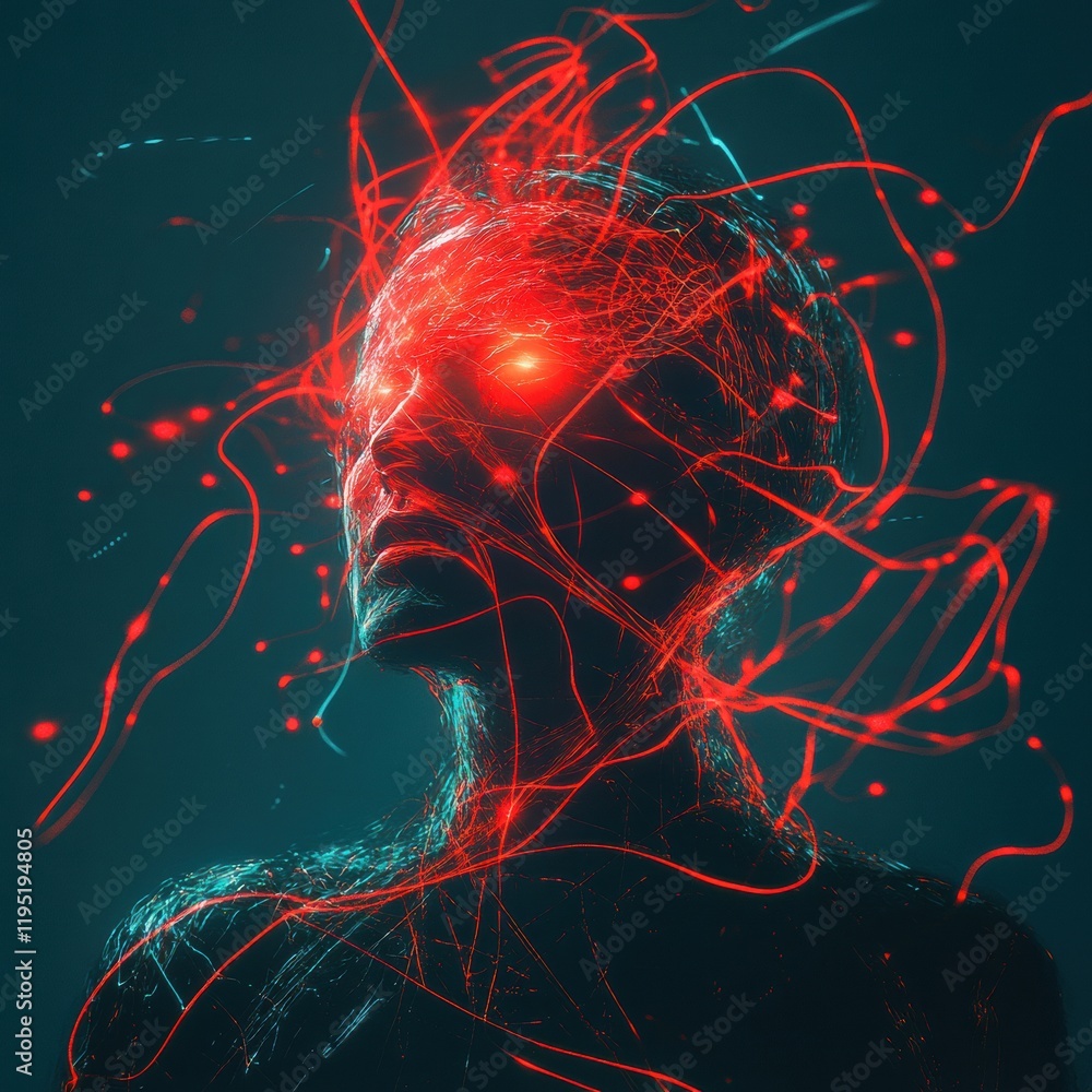 Leinwandbilder Person enveloped in swirling red lines and abstract shapes creating a vivid visual representation of energy and emotion. Generative AI