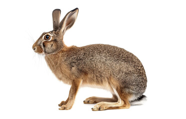 Fototapeta premium Brown hare (Lepus europaeus) isolated on white background. Baby hare. Rabbit on white background. Wild herbivore. Wildlife. Mammals. Rodent 