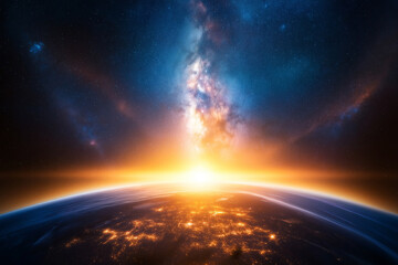 breathtaking view of Earth from space, showcasing vibrant colors of Milky Way galaxy and stunning sunrise illuminating planet surface