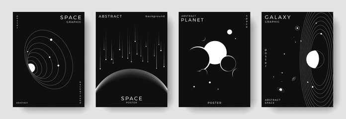 Set of abstract space astronomy backgrounds. Line art galaxy, meteorites, planet, black hole. Science future concept. Cosmic minimalist design for cover, poster, layout, banner, flyer, brochure © Anastasiya Stoma