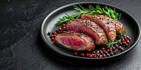 Sliced succulent duck breast garnished with herbs and colorful peppercorns on a black plate against a textured dark background