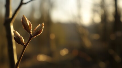 Delicate Buds of Spring Emerging from Branches in Soft Morning Light in a Tranquil Natural Setting with Gentle Background Bokeh Effects