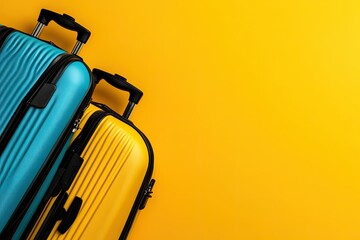 Adventure Awaits: Two vibrant suitcases, one teal and one mustard yellow, stand ready for a journey against a bold yellow background.