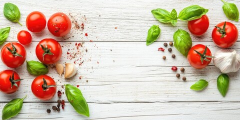 Vibrant cherry tomatoes and fresh basil leaves with garlic cloves and assorted spices on a rustic white wooden surface viewed from above