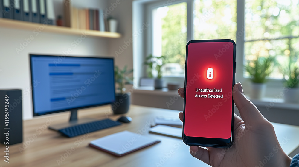 Poster cybersecurity threat: a hand holds a smartphone displaying a warning message about an unauthorized a