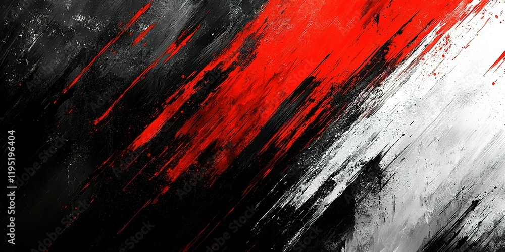 Poster dynamic abstract display of black, red, and white colors blending together with sharp strokes and te