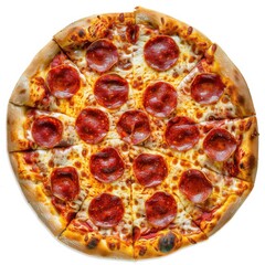 A delicious pepperoni pizza with a golden crust and bubbling cheese, isolated white background, hyperrealism art style