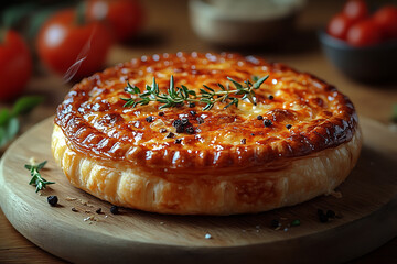 Warm, freshly baked pastry with a golden crust that emits gentle steam, creating a cozy and inviting atmosphere.