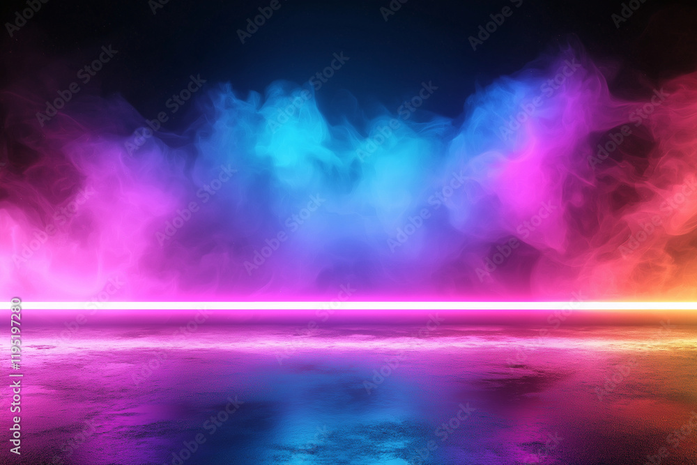 Poster vibrant neon background with colorful smoke and reflections on wet surface, creating dynamic and ene
