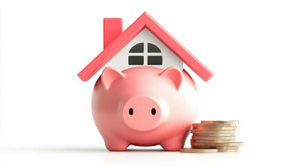 Piggy bank 3D, 3D illustration of a piggy bank designed to resemble a house, showcasing high fidelity and intricate detail suitable for commercial use in finance and savings themes.